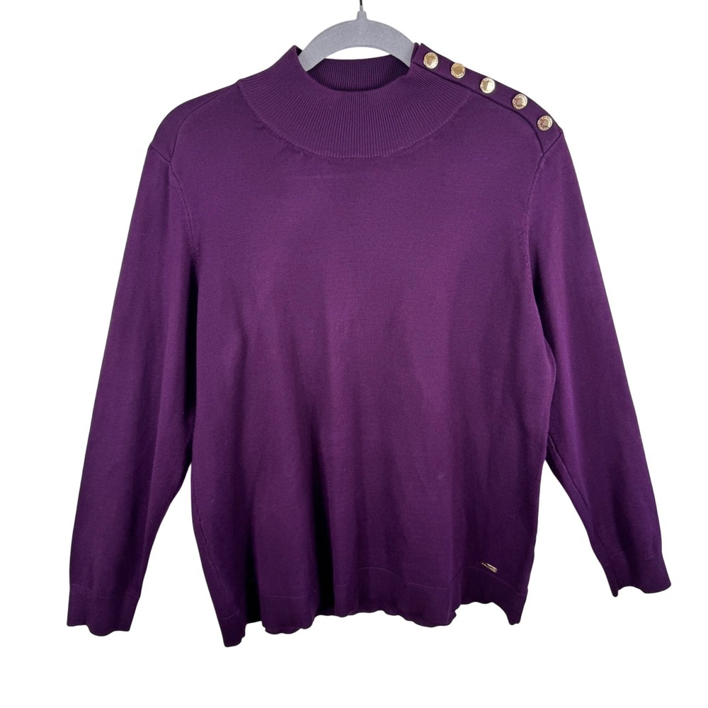 Calvin Klein Womens Wine Deep Purple Mock Neck Shoulder Button Sweater Large